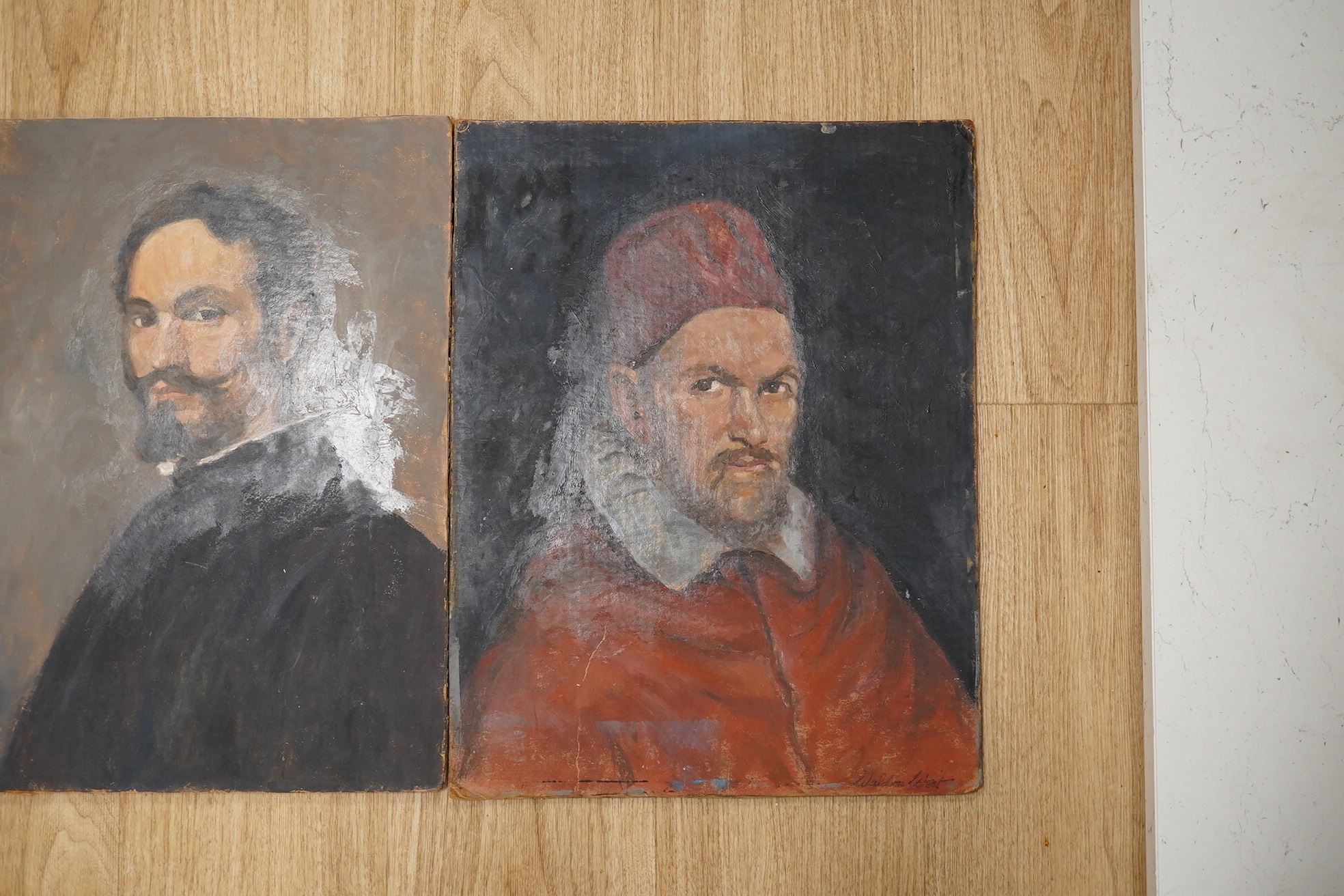 Ernest Waldron West (1904-1994), three oils on board/cardboard, Portraits of historical figures comprising Pope Innocent X, Velazquez and Philip IV of Spain, one signed, each 46 x 36cm, unframed. Condition - fair